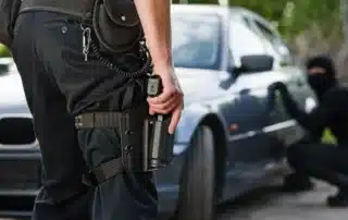 “Unarmed vs. Armed Security: Which Option Does Your Dallas Business Need? – A police officer confronts a masked thief attempting to steal a vehicle.”