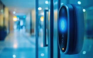 Fingerprint scanner on modern office door