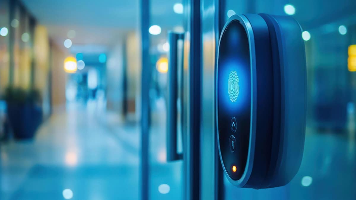 Why-Access-Control-Is-Critical-for-Office-Buildings Fingerprint scanner on modern office door