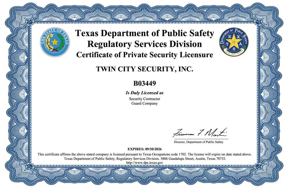 Texas security service license certificate - License # B03449