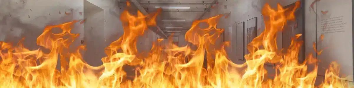 Intense fire burning in a building hallway.